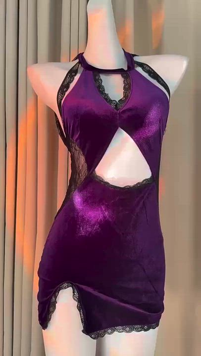 Vintage Velvet Lace Halter Dress Stretchy Slim Fit Sweet & Spicy Flirty Style Purple One Size