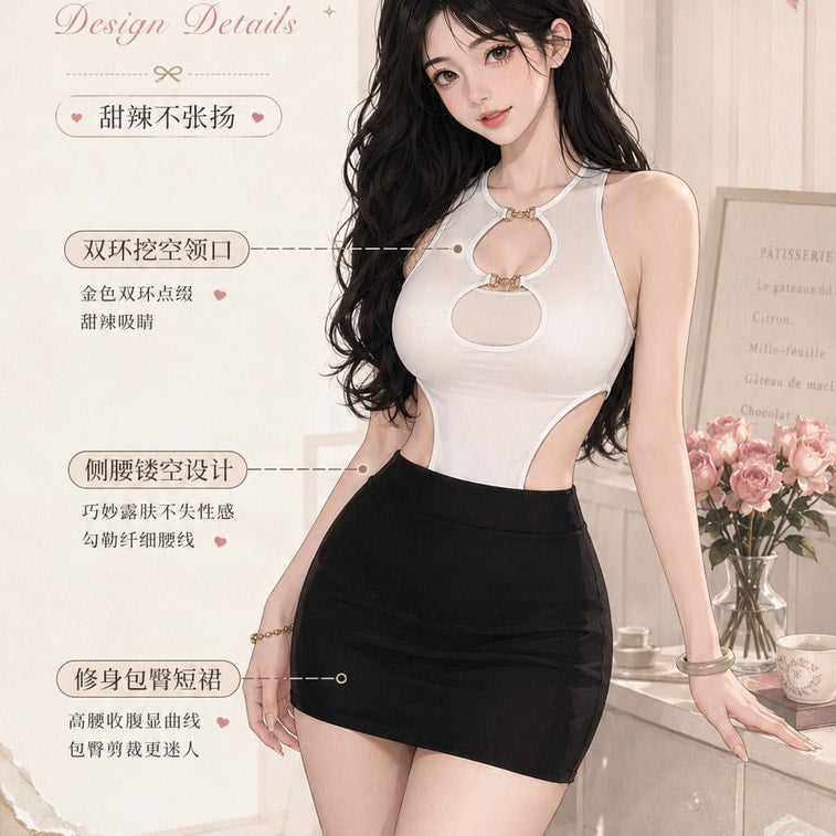 Sweet Little Secret Cutout Knit Bodycon Mini Dress Stretchy Slim Fit Flirty Lounge Style White One Size